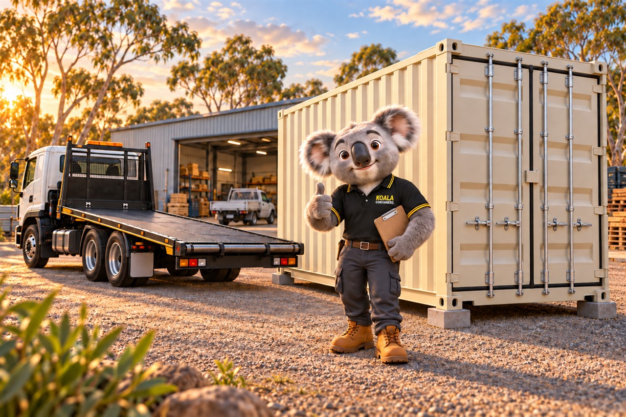 Koala mascot beside a delivered container and an empty tilt tray
